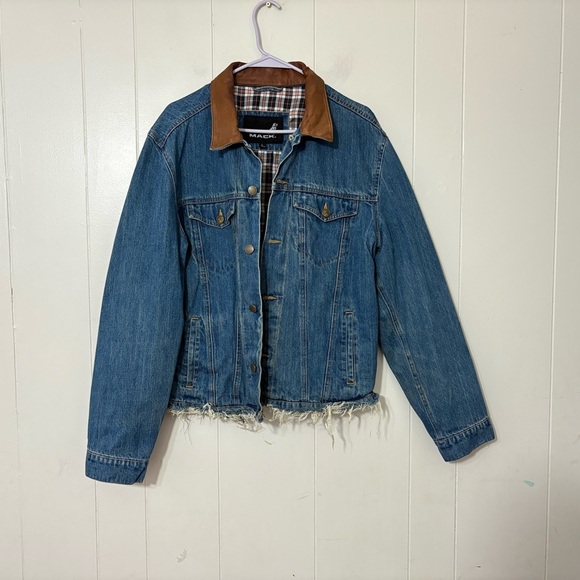 Vintage 90s Mack Denim Jean Jacket Mens TruckerLeather Collar Plaid Size L